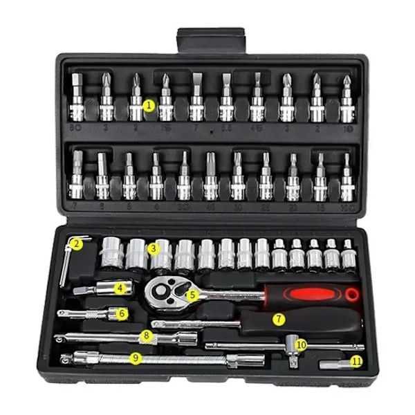 46 bitar Bil Reparation Verktyg Kit 1/4-tums Socket Set