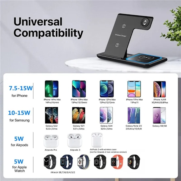 3 I 1 Trådløs Oplader Stativ Pad Til iPhone 14 13 12 11 X Apple Watch 8 7 Airpods Foldbar 15W Telefon Hurtig Opladning Dock  Station