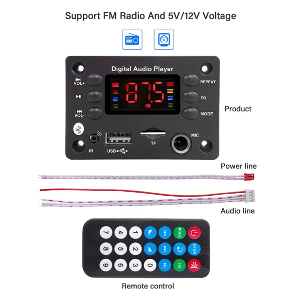 DC 5V 12V Bluetooth 5.0 MP3 WMA WAV APE dekooderi levy handsfree auto ääni mikrofoni USB TF FM radio mp3 musiikki soitin kaiutin