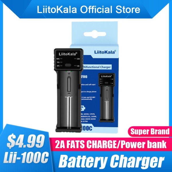 LiitoKala Lii-100C 21700 Batteri lader For 18650 18350 26650 16340 RCR123 14500 3.7V 1.2V Ni-MH Ni-Cd 2A USB smart lading