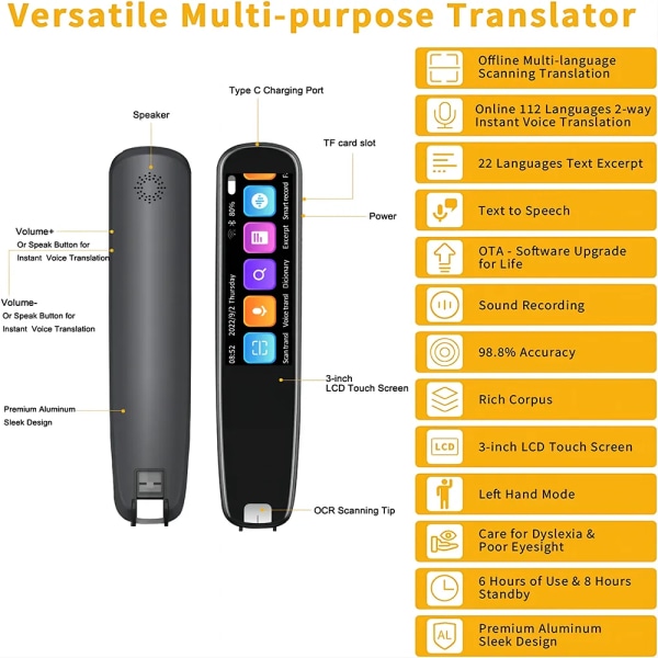 Smart Voice Scan Oversetter Penn Multifunksjonsoversettelse Sanntid Språk Oversetter Business Dictionary Penn