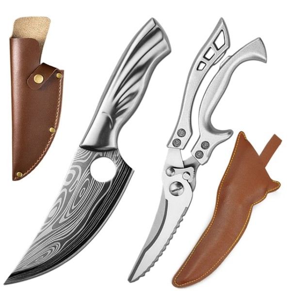 Mönster Rostfritt Stål Utbening Kniv Slaktare Kniv Kött Klyver Utomhus Jakt Kniv Kök Sax