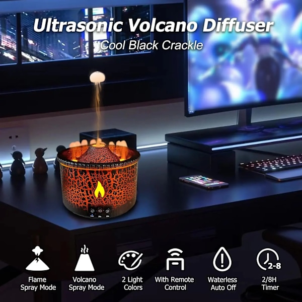 Eterisk Olje Diffuser Luftfukter Aroma Diffuser Aromaterapi Vulkan Luftfukter med flamme & Volcano Mist Mode 2 Colors Timer