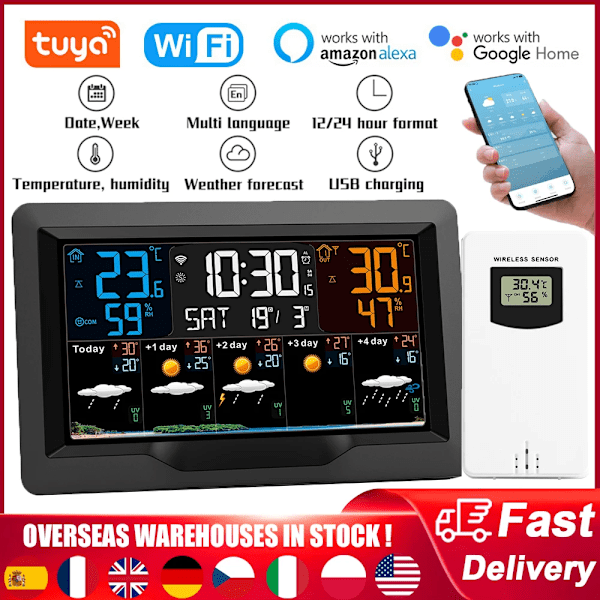 Hög kvalitet WIFI Smart Väder Station Inomhus Ute Temperatur Fuktighet Mätare Väder Prognos Multifunktionell Väder Väckarklocka