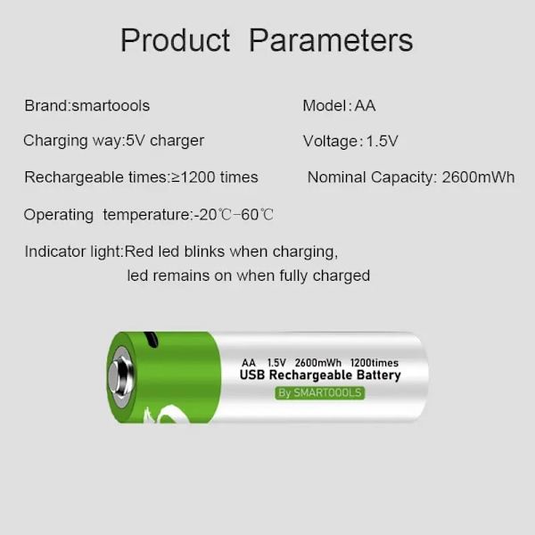 Høj kapacitet 1,5V AA 2600 mWh USB genopladeligt li-ion batteri