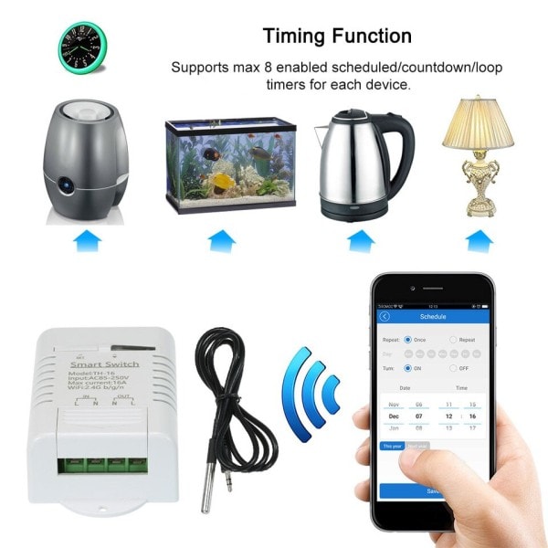 Smart TH16 Switch 16A Temperatur och fuktighet övervakning WiFi Switch Trådlös Kontroll