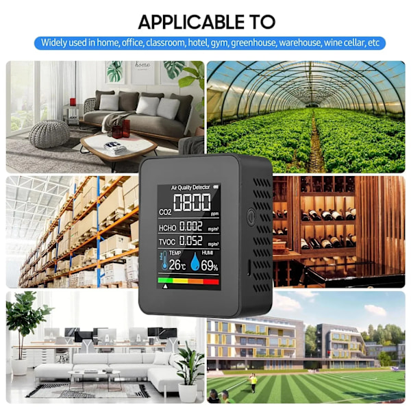 Multifunktionell 5in1 CO2 Mätare Digital Temperatur Fuktighetstestare Koldioxid TVOC HCHO Detektor Luft Kvalitet Monitor