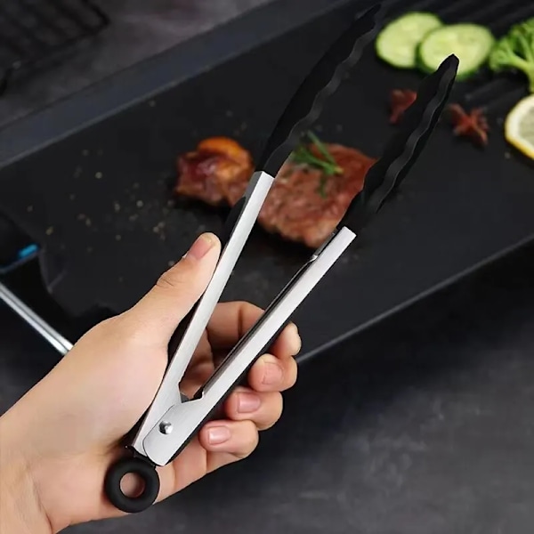 1 stk  Sort Silikon Mat Tang Rustfritt Stål Mat Tang Utendørs BBQ Klemmer For Kjøkken