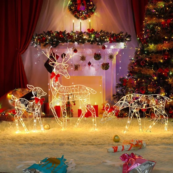 Legering Kunst Elg Hjort Jul Hage Dekor & LED Lys Glødende Glitter Reinsdyr Xmas
