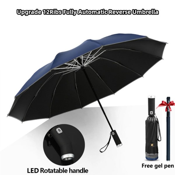 Helt automatisk omvänd vikbar paraply med LED ficklampa vindtät UV paraplyer