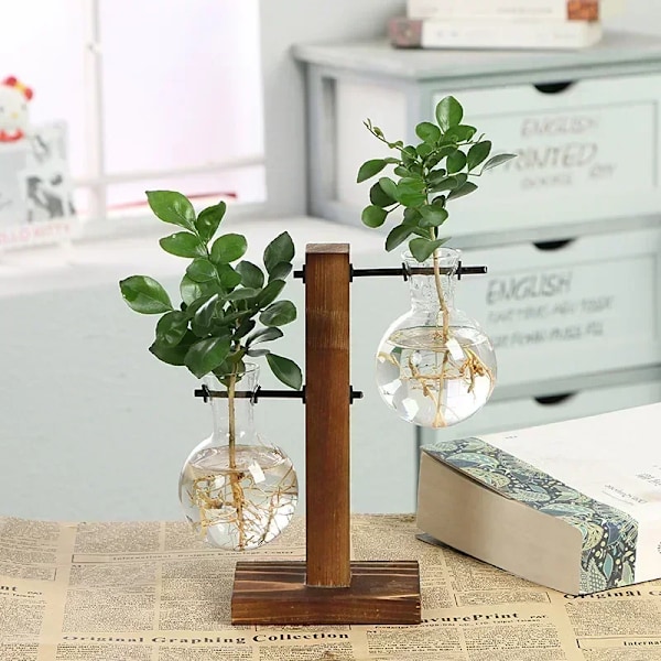 Transparent Pære Vase med træ stander skrivebord