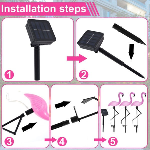 3 STK Flamingo Solar Lys IP55 Vanntett LED Rosa Flamingo Stak Lys Landskap Ground Lampe