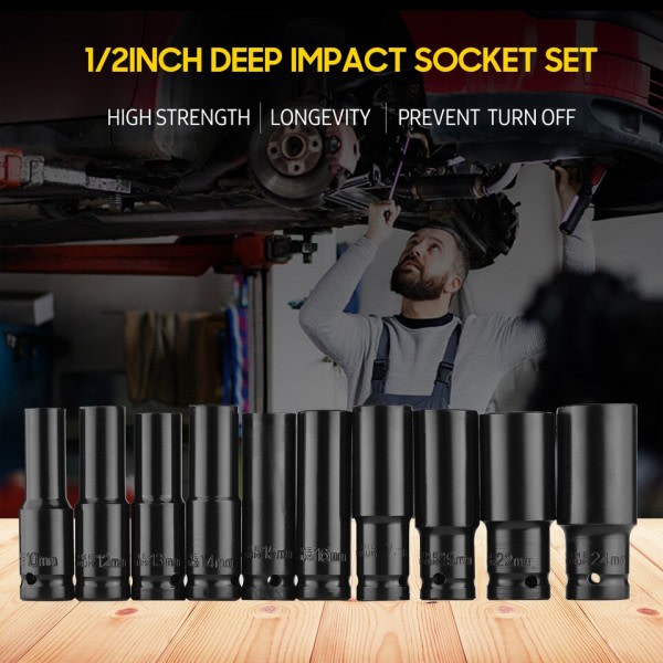 10kpl 1/2" Drive Deep Impact Socket Set Drive Metric jakoavain kanta