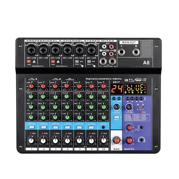 Professionell Ljud Mixer 8-Channel Ljud Mixing Console A8 Support Bluetooth USB 48V Ström Gränssnitt