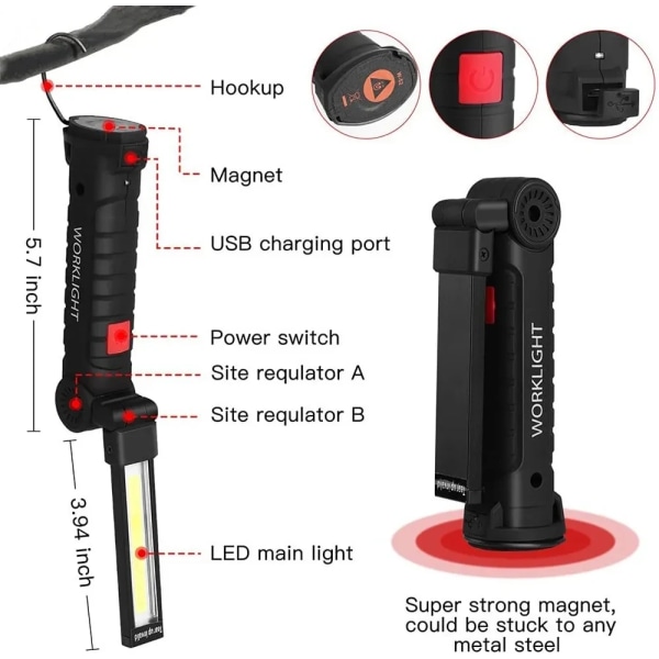 1 styck USB uppladdningsbar camping LED ficklampa arbetslampa med magnet och krok