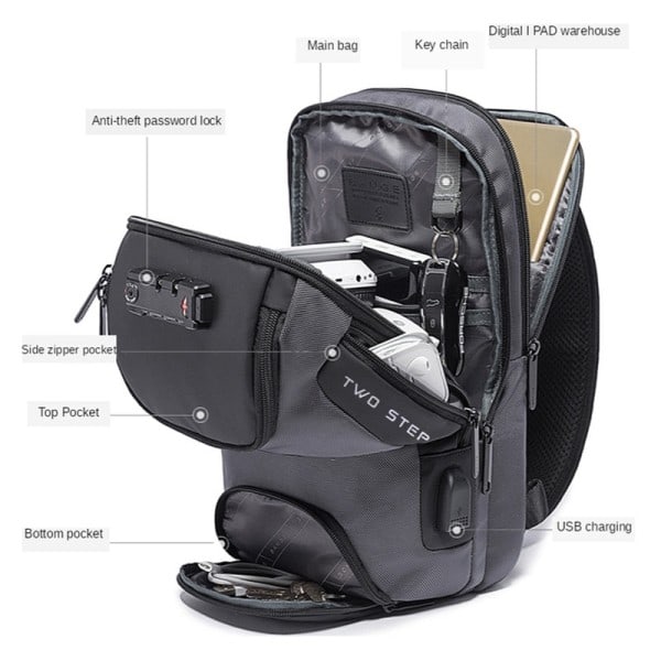 Män's väska Stöldskydd Bröstväska Multifunktions Crossbody väska Man Skulder Messenger väskor