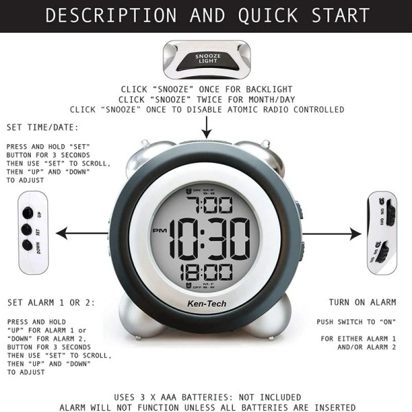 Digital Alarm Klokke Tid Dato Display Tvilling Bell Veldig Høyt for tunge sovende Dobbel alarm