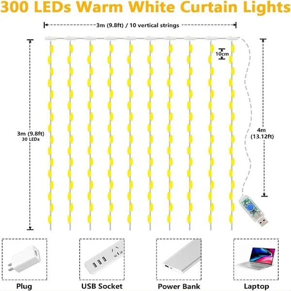 3M LED Gardin String Lys Fe Dekoration USB Ferie Garland Lampe 8 Mode