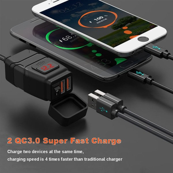 Moottoripyörä USB laturi QC3.0 Ohjaustanko pikalataus vedenpitävä 12V pistoke adapteri