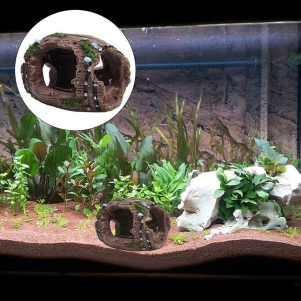 Akvarium Ornament Hut Hull Tømmerstokk Tre Tunnel Hutte Fisk Tank Dekorasjon