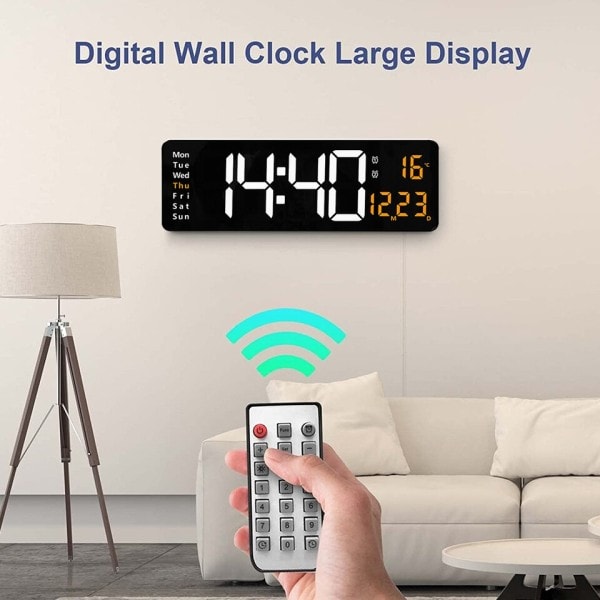 Veggmontert Digital Vegg Klokke Fjernkontroll Kontroll Temp Dato Uke Display Slå av Minne Tabell Klokke