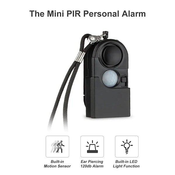 Bærbar Mini Bevægelsesdetektor Alarm 120DB Sirene SOS LED Lys