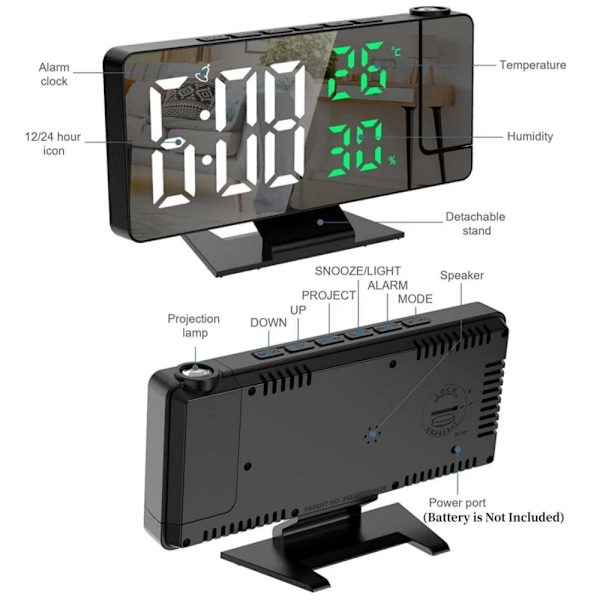 180° Arm Projektion Digital Alarm Klocka Temperatur Fuktighet Natt Läge Snooze Bord Klocka