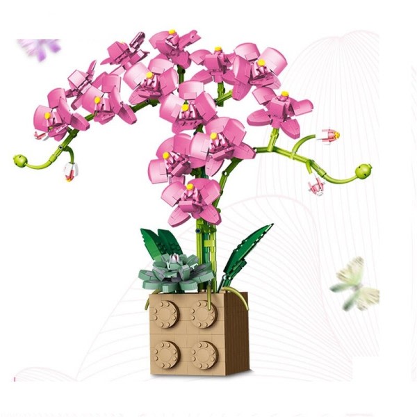 Rosa Byggnad Block Blomma Orchid Serie Bonsai Flicka Bygg leksak