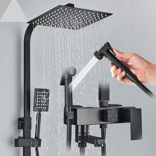 Rozin regn badeværelse bruser vandhane sæt med bidet mixer hane sort væg monteret messing badekar kabine system med stativ