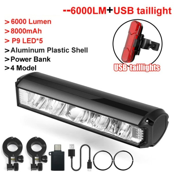 Polkupyörä Valo Etu 6000Lumen Pyörä Valo 8000mAh Vedenpitävä Taskulamppu
