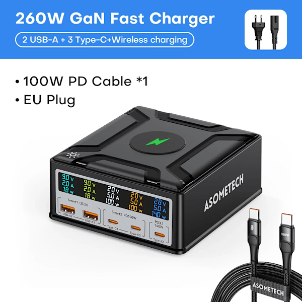 260W GaN lader Digital Display Desktop USB Type C lader