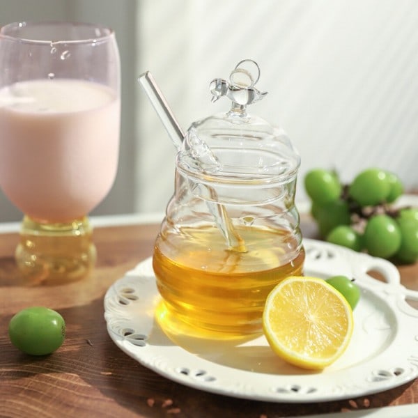 Glas honning kande krukke køkken værktøj honning opbevaring beholder med bænk og låg honning flaske