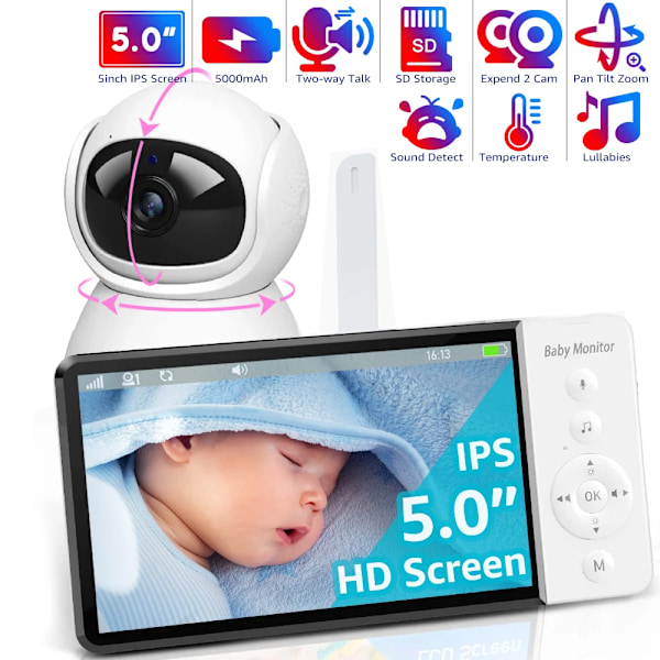 5''IPS Skjerm Pan-Tilt-Zoom Kamera Video Baby Monitor med 30-timers Batteri 2-veis Talk Natt Vision