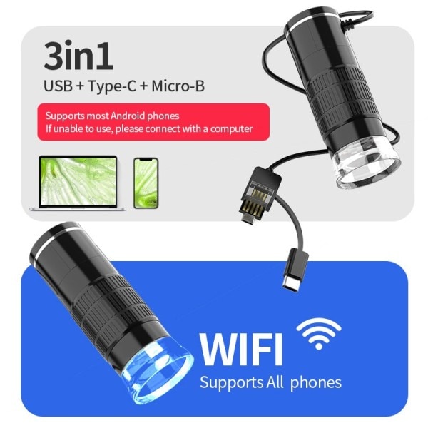 Trådlöst Digital Mikroskop 50X-1000X Förstoring Portabel Handhållen USB Mikroskop med Flexibelt Stativ