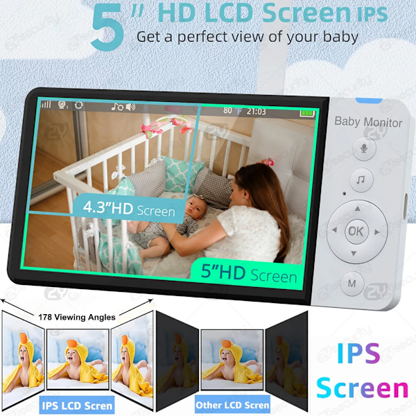 5''IPS Skærm Pan-Tilt-Zoom Kamera Video Baby Monitor med 30-timers batteri 2-Way Talk Nat Vision