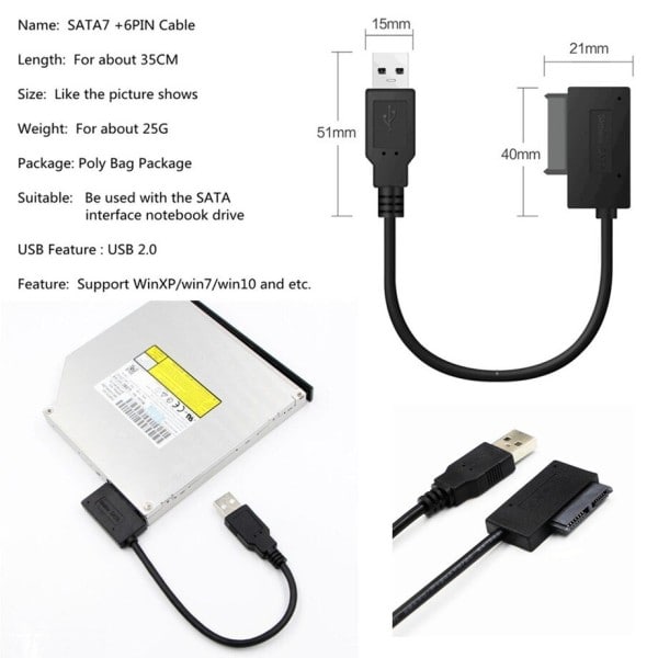 PzzPss USB 2.0 Mini Sata II 7+6 13Pin sovitin muunnin kaapeli kannettavalle CD/DVD ROM Slimline asema muunnin HDD Caddy