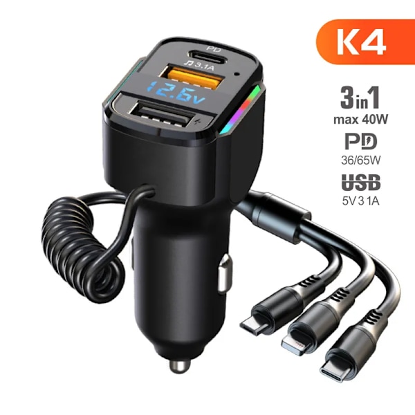 USB Bil Laddare Snabb laddning QC4.0 QC3.0 FCP AFC Typ C Bil USB Snabb Laddning 3 i 1 Snabb Laddning Kabel