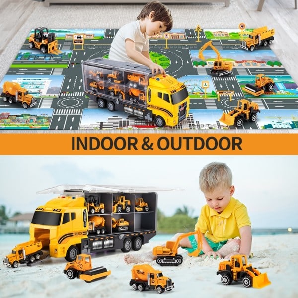 Stor Container Transporter Lekset med Play Mat Mini Engineering Fordon Bil Modell Leksaker
