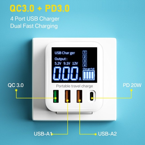40W USB Vegg lader 4 Port Med LED skjerm