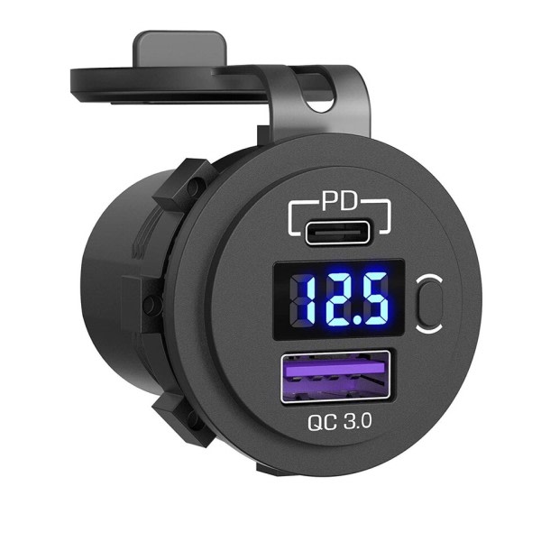 48W USB Type C Bil Usb lader Socket,12V/24V Dobbel USB Uttak PD3.0&QC3.0 Bil Socket med LED Voltmeter