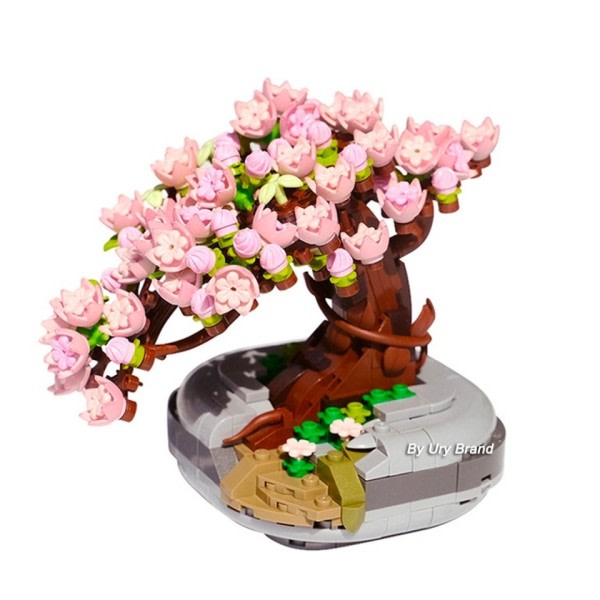 Desktop Bonsai Evig Blomma Rosa Sakura Körsbärsträd Kruka Växt 3D Modell Gör-det-själv Mini block tegelstenar byggnad leksak
