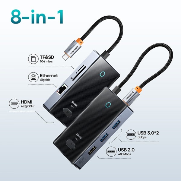 USB Hub 4K@60Hz HDMI-kompatibel med 2*USB3.0+USB-C+USB2.0+Internet Port & SD+TF Card Reader