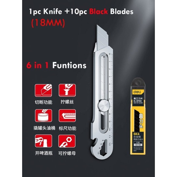 Aluminium Legering 6 i 1 Ficka Utility Kniv Multifunktionell Heavy Duty Låda Cutter