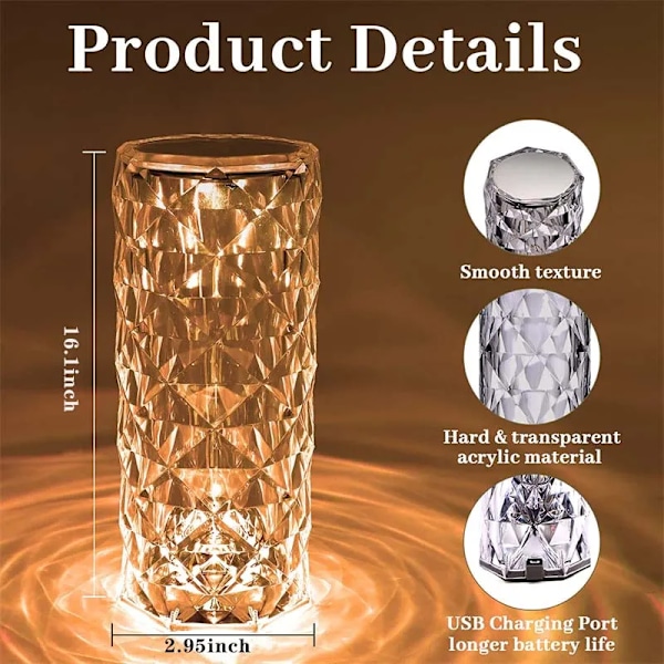 LED Kristall Bord Lampa Ros Ljus Projektor 3/16 Färger Touch Natt Ljus Romantisk Diamant Atmosfär Ljus USB Hem Bar Inredning
