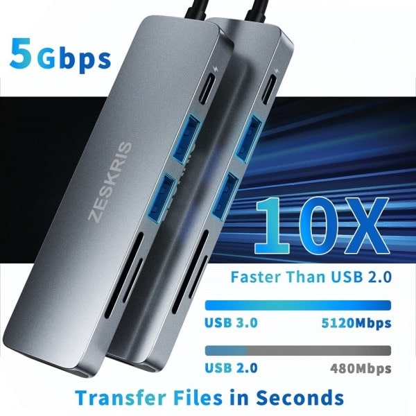 USB C Hub med 2 USB 3.0 SD/TF/Micro SD Card Reader 4K HDMI 100W