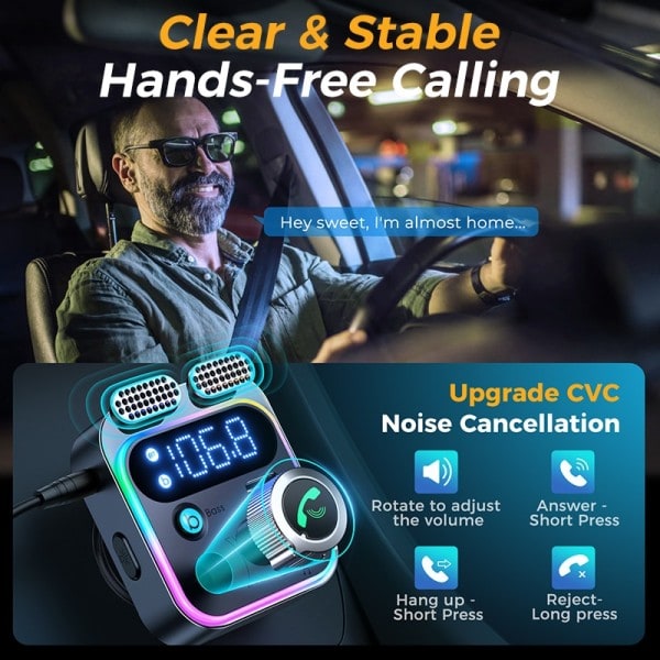 Bluetooth 5.3 FM sender for bil sterkere dobbel mikrofoner dyp bass lyd