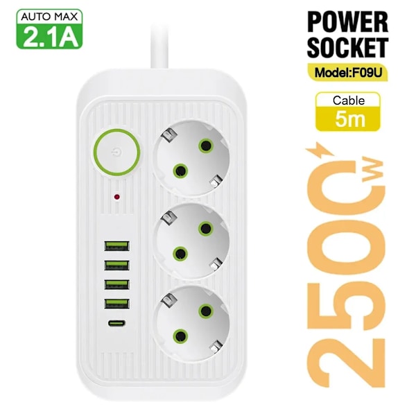 5m EU Stik AC Udtag Multitap Socket Forlænger ledning