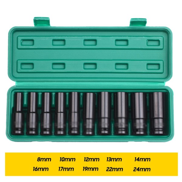 10stk 1/2" Drive Deep Impact Socket Set Drive Metric Nurch Socket