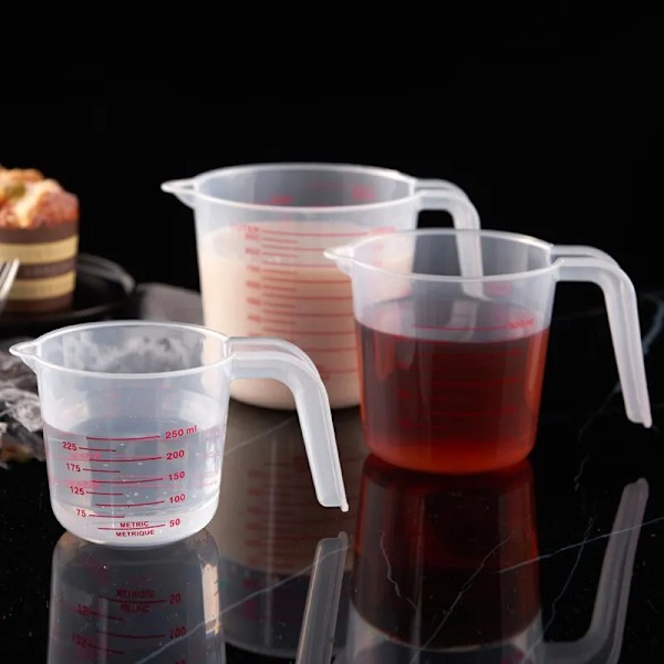 3 bitar 250-500-1000 Ml Plast Transparent Graderad mått Mopp Hushåll Kök Bakning Mät Verktyg Set Handtag Design Muggar