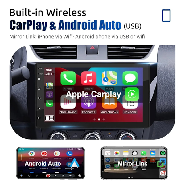 Langaton Carplay Android Auto 2 Din 9" GPS Navigaattori MP5 soitin